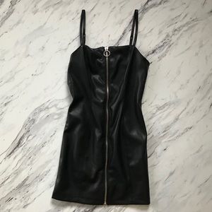 Front Zip Black Faux Leather Mini Dress